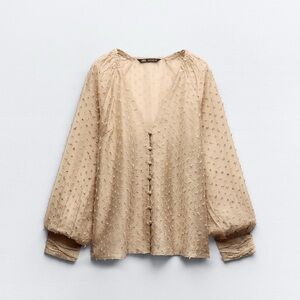 NWT Zara Tan Semi-Sheer Dotted Mesh Blouse